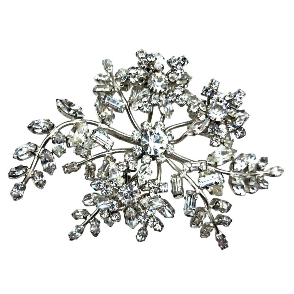 Vintage Rhinestone Floral Brooch‎ Massive Pin Austria ? Costume Jewelry